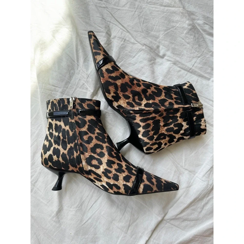 GANNI Leopard Beige & Black Satin Eyelet Kitten Heel Boots Women's Size 39 8.5/9